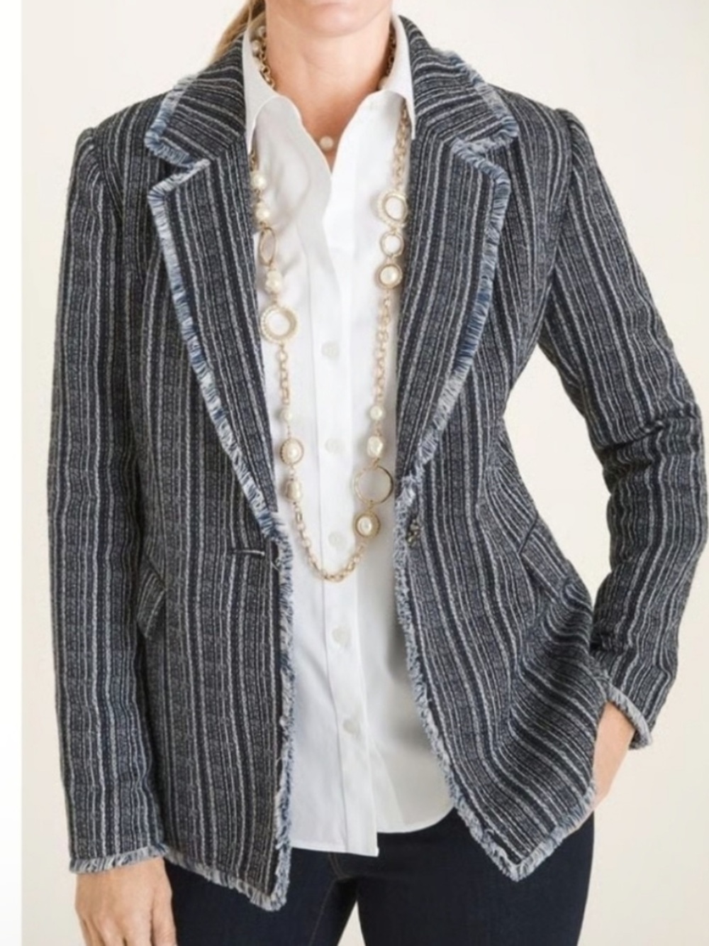Chico’s NWT navy metallic tweed novelty single button blazer jacket raw edge